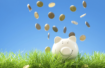 Happy Piggy Bank with falling coins in Grass, Blue Sky