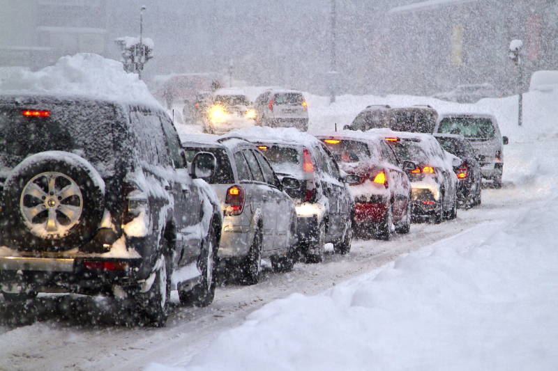 Winter, snow, line of cars, traffic