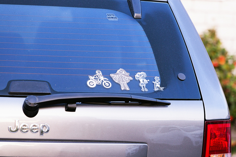 Car decals, sticker, family, jeep, window, rear window, SUV, rear wiper, wiper.