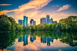 Atlanta, Georgia, skyline, city, cityscape, lake, dusk