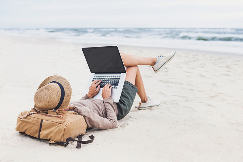 summer, beach, laptop, woman, relaxing