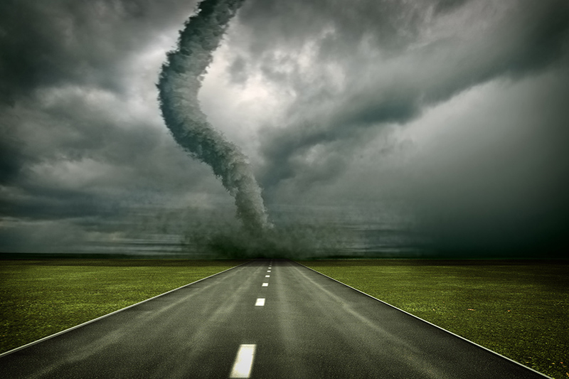 tornado, natural disaster, storm, dark sky, road