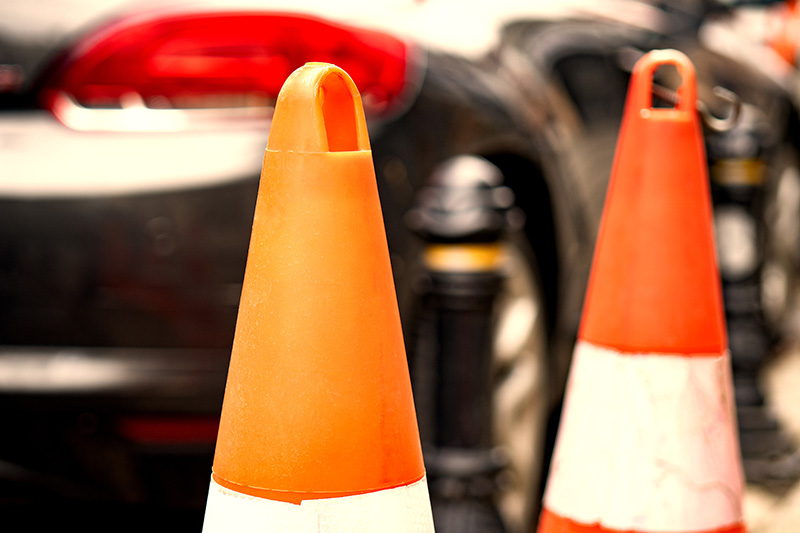 orange traffic cones, safety, car